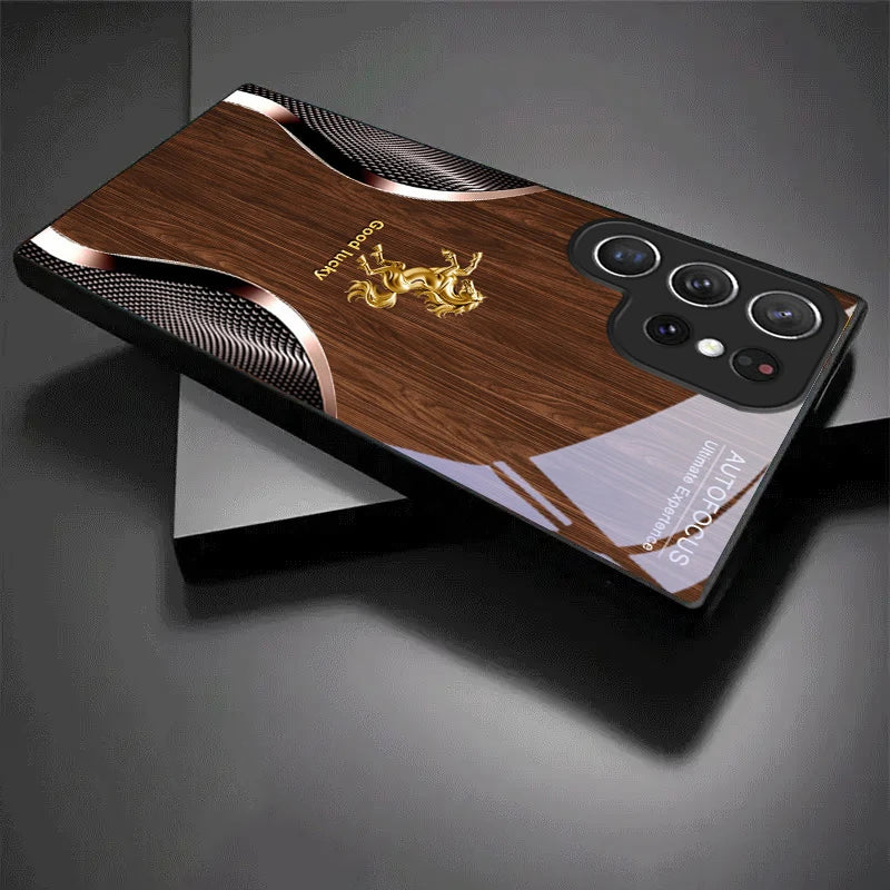 Black crystal Golden Steed Fortune phone case for Samsung Galaxy S showcasing intricate design and glossy finish.