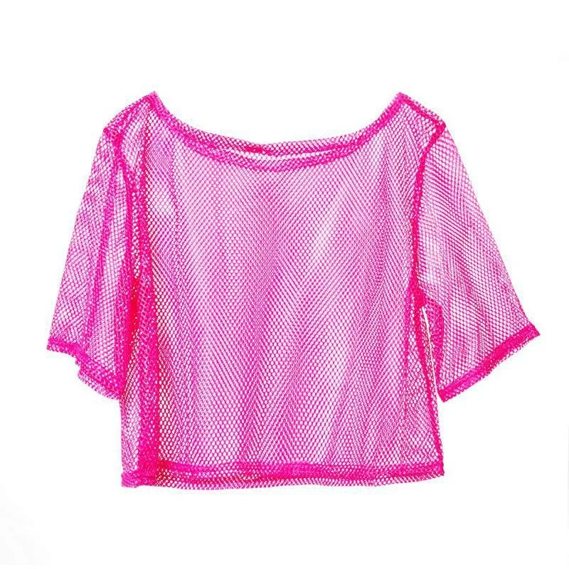Transparent mesh disco-style women's camiseta from Corporación Turística, featuring a trendy, see-through fabric design.