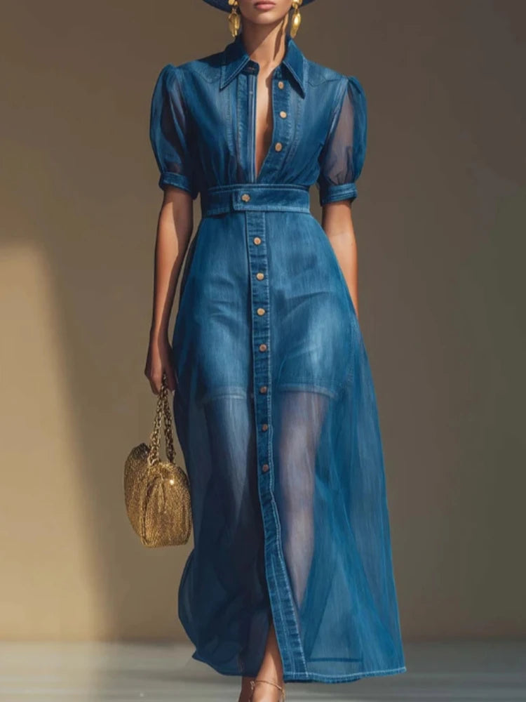 Vestido Camisero Largo de Mezclilla para Mujer con Malla ...