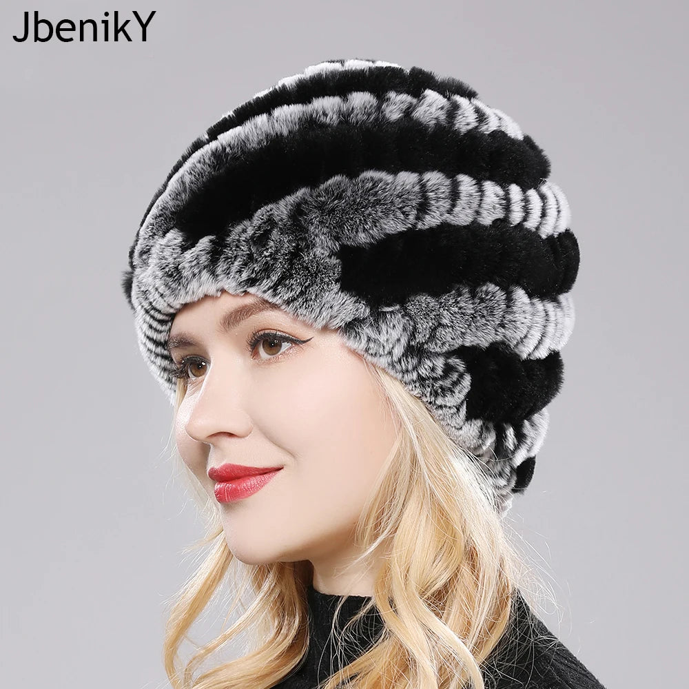 Gorro de piel de conejo Rex auténtica cálido para mujer, ...