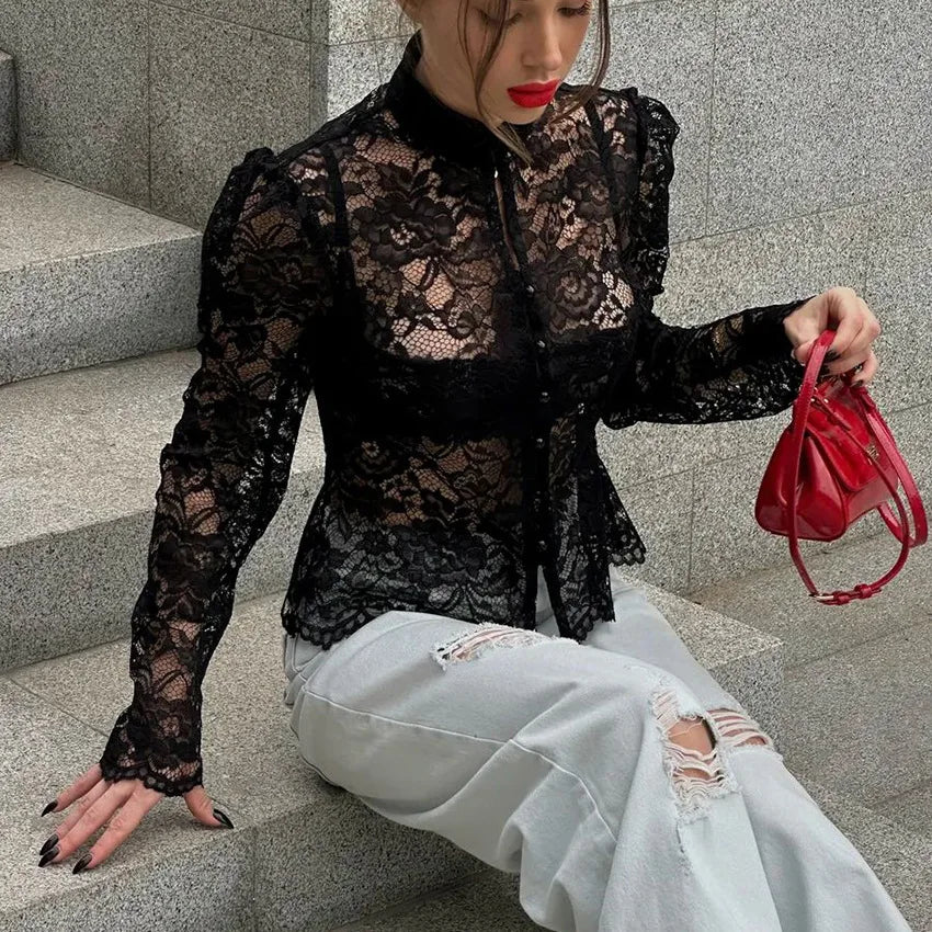 Blusa de Encaje para Mujer, Elegante, con Cuello de Hilo,...