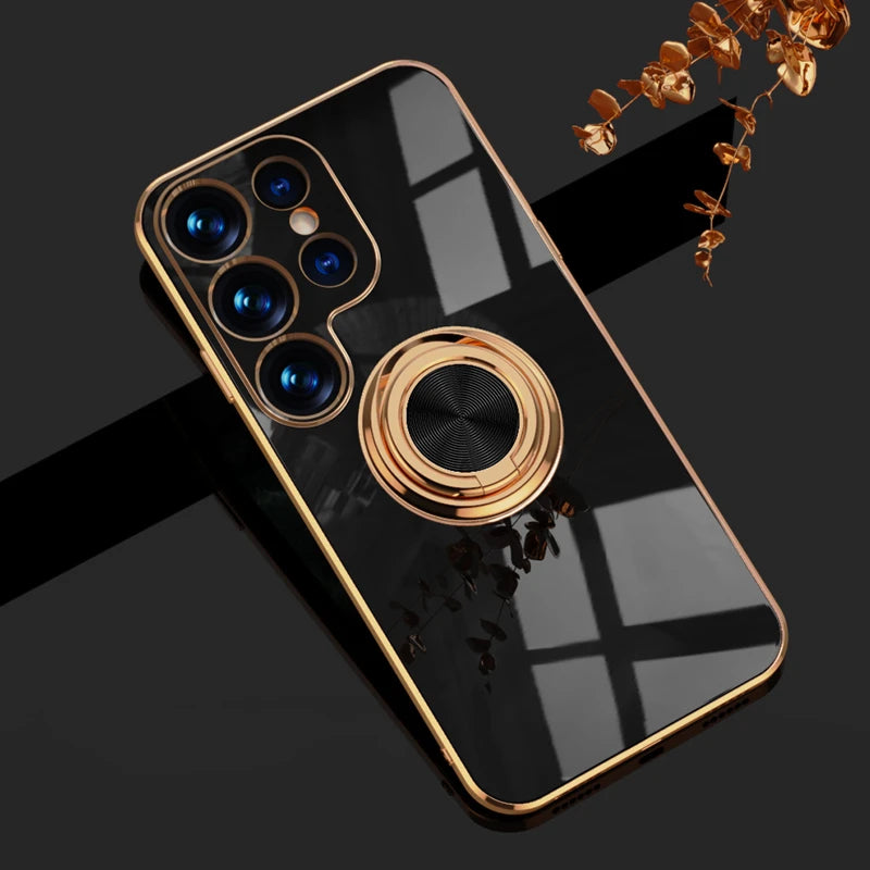 Luxury gold-plated ring holder case for Samsung smartphones, featuring a sleek design and sturdy support from Corporación Turística.