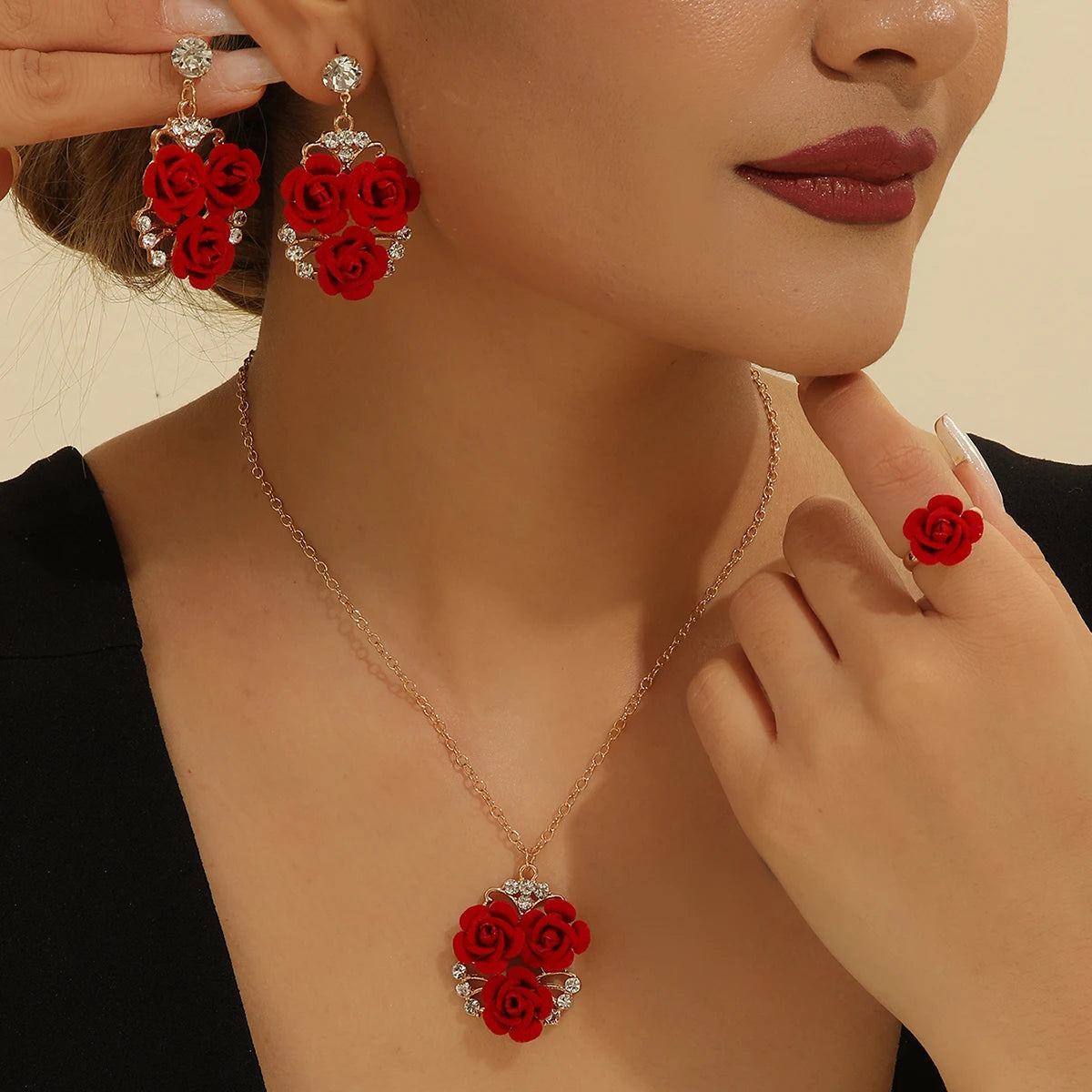 Four red romantic roses with intricate details, arranged as a charming floral set, ideal for romantic decor or gifts.