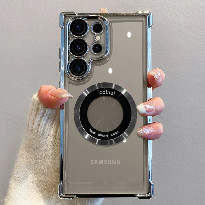 Luxury magnetic phone case with wireless charging for Samsung smartphones, designed by Corporación Turística.
