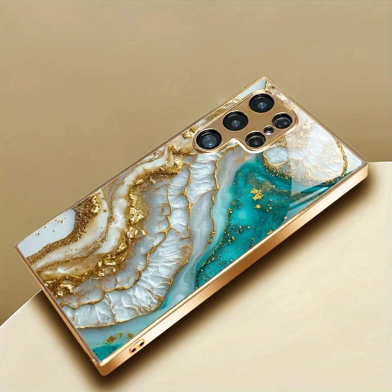 Metallic painted glass phone case from Corporación Turística featuring a decorative pattern, designed to protect and enhance your smartphone.