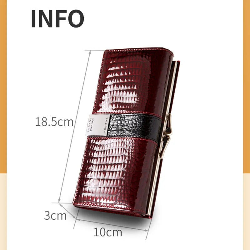 Long leather wallet by Corporación Turística, featuring a patent leather finish and multiple card compartments.