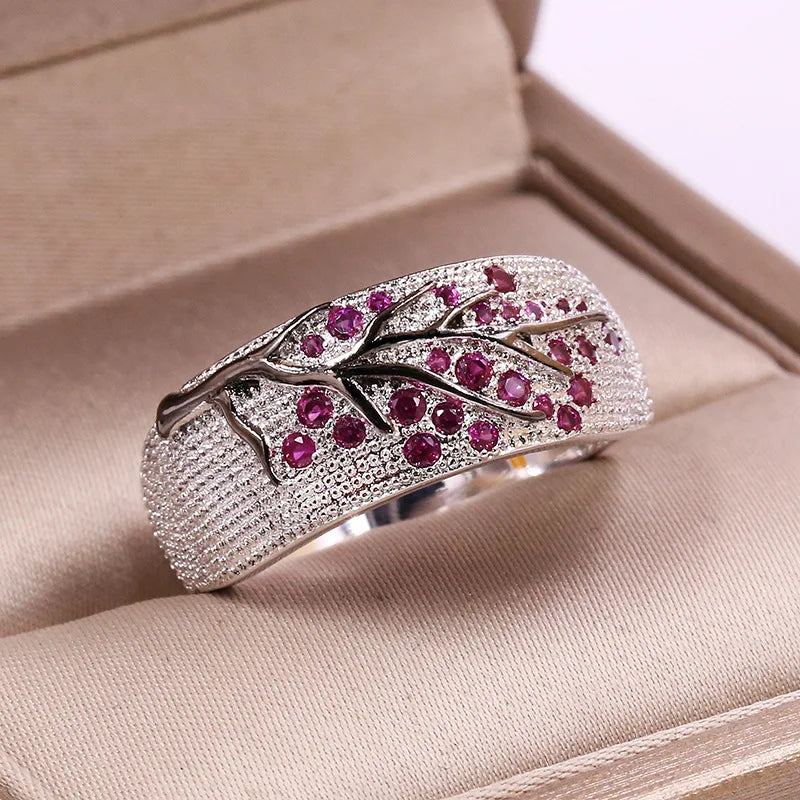 Anillo de Plata S925 con Diseño de Flor de Ciruelo para M...