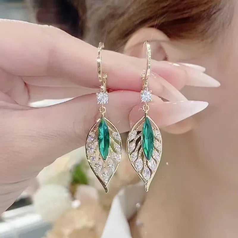 Pendientes de hojas doradas de cristal verde para mujer, ...