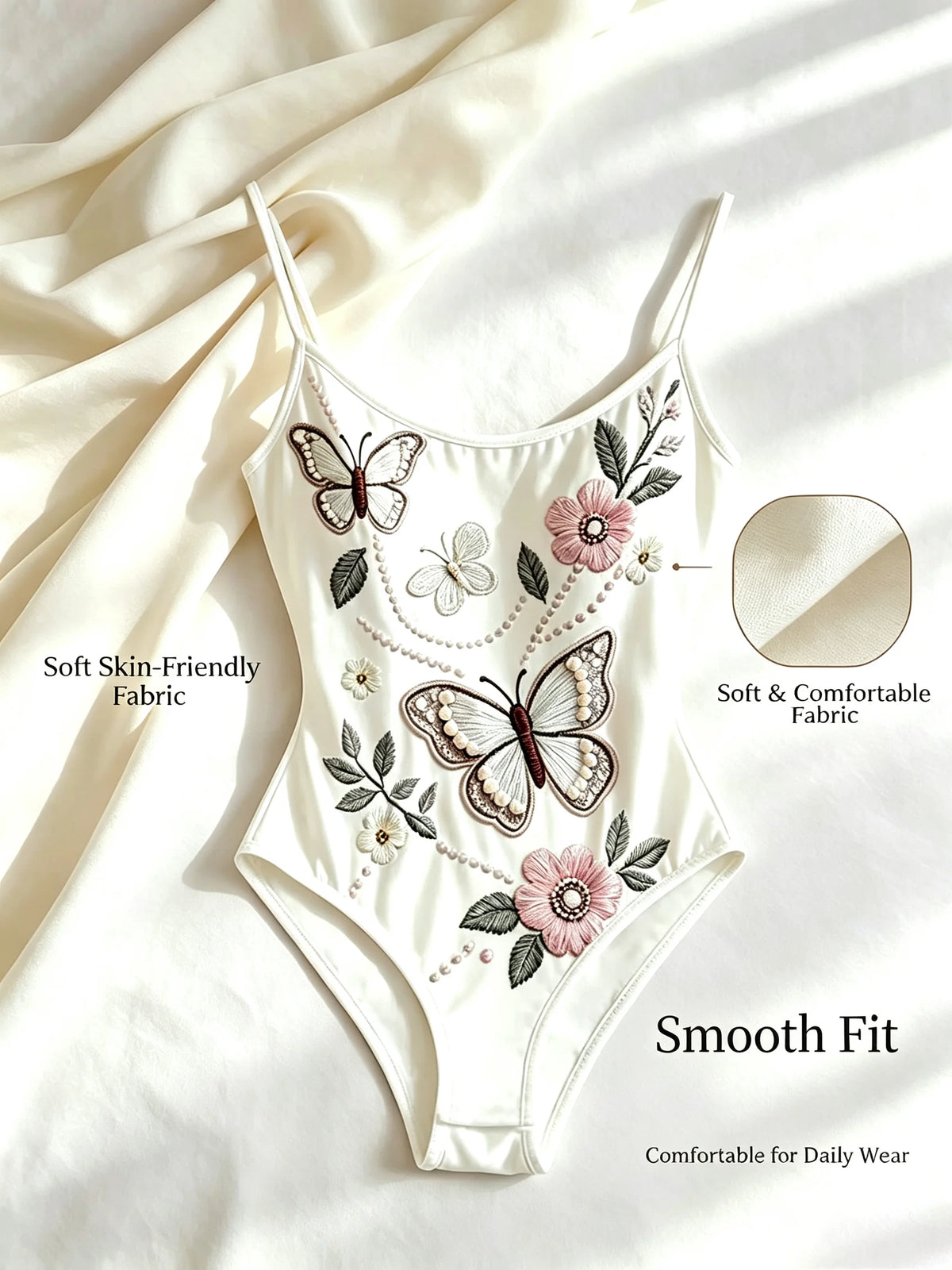 Elegant women's embroidered floral butterfly body suit by Corporación Turística, featuring intricate floral and butterfly embroidery.