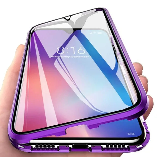 Magnetic metal protective case for smartphones, full coverage design by Corporación Turística, shown on a sleek device.