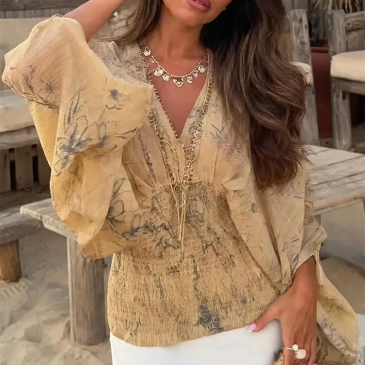 Camisa Vintage con Cuello en V y Estampado para Mujer, Bl...