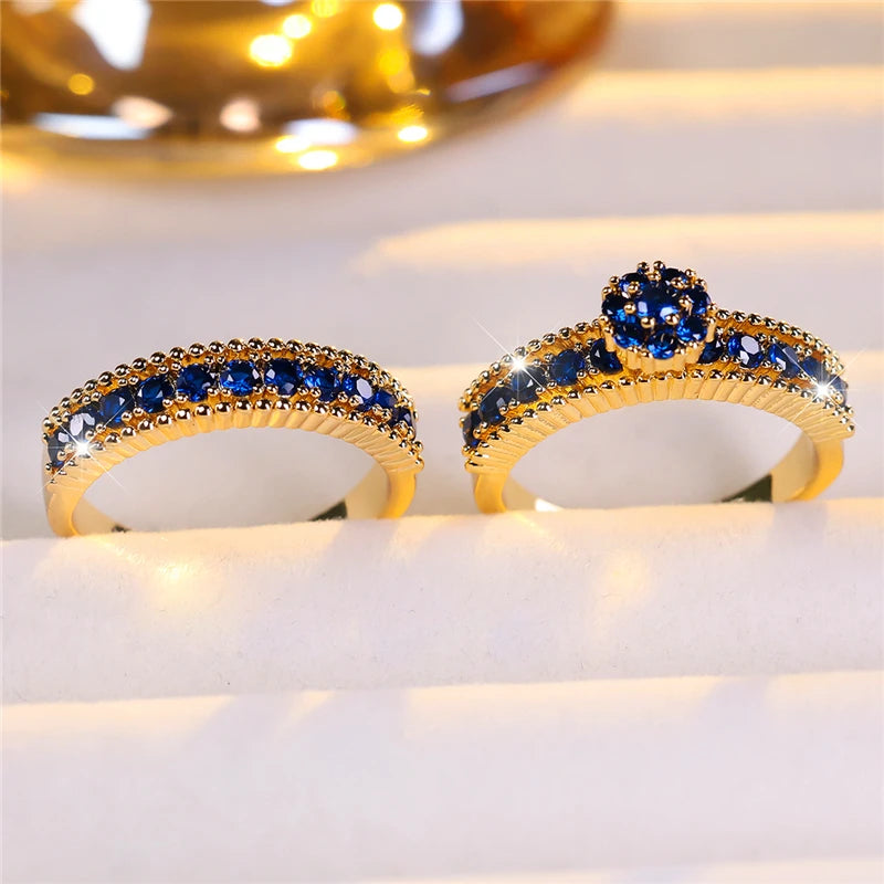 Conjunto de anillos de compromiso de piedra de circón azu...
