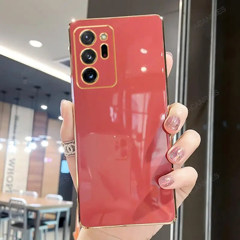 Samsung Galaxy Note20, Note10, Note9 protective case with ring stand, featuring a sleek metallic finish and precise cutouts.