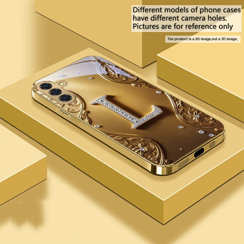 Golden crystal phone case with diamond accents designed by Corporación Turística, featuring elegant and luxurious detailing.