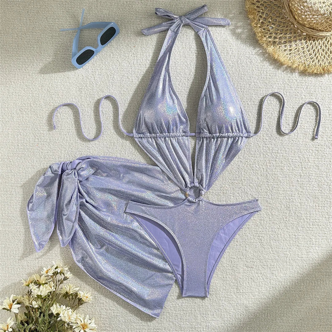 Sparkling glittering con sarong with deep V-neck design, perfect for stylish beach or poolside wear.
