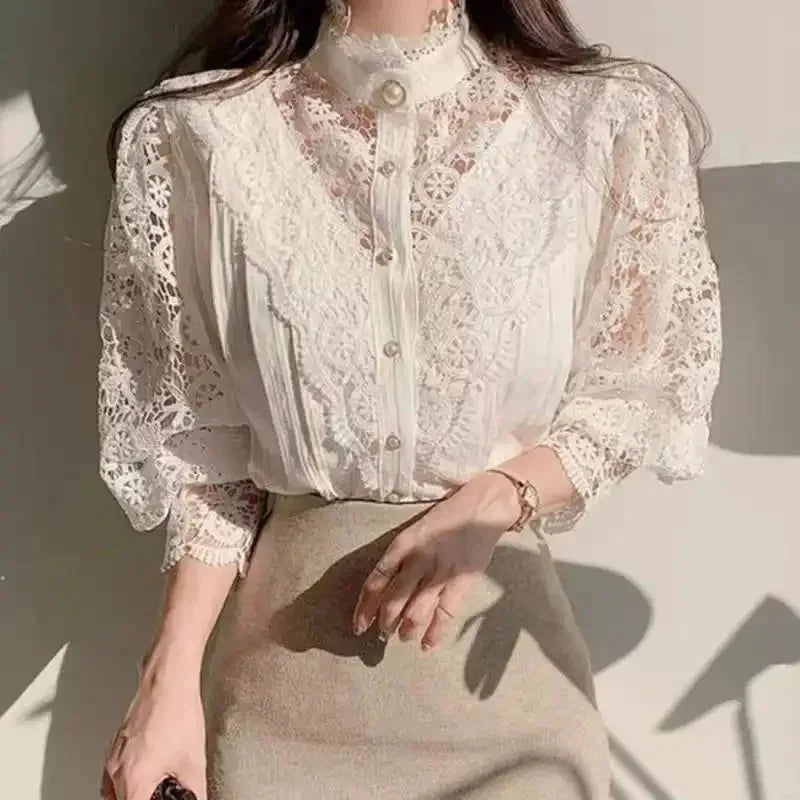 Blusa de encaje con manga de pétalo para mujer, camisa co...