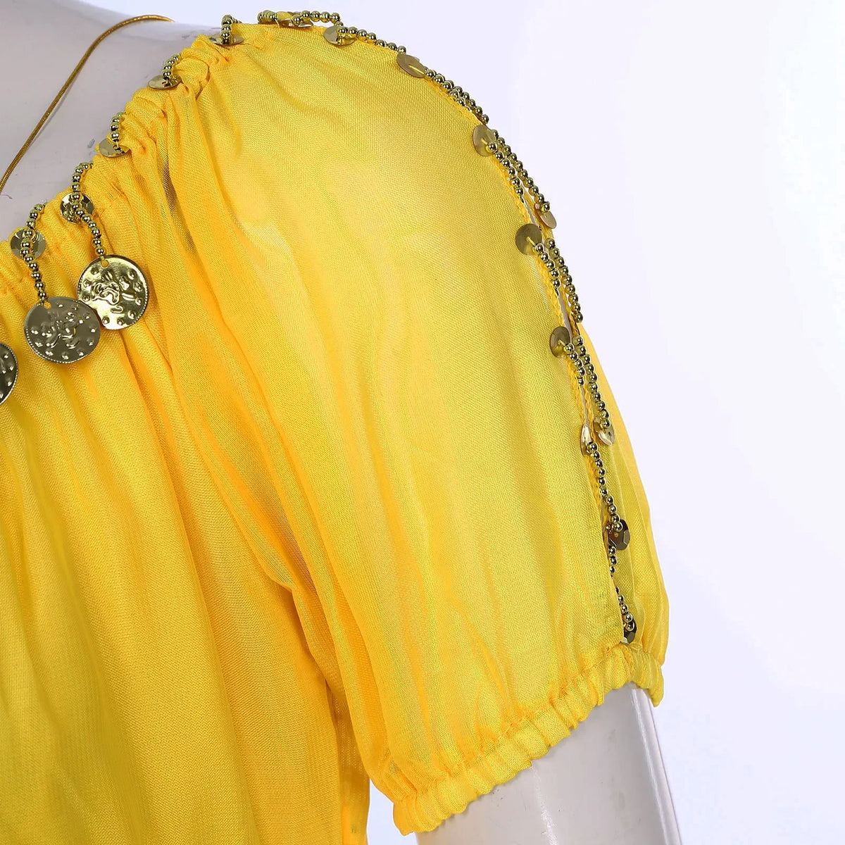 Shimmering short sequin top for women with an oriental-inspired style, featuring intricate detailing and vibrant embellishments.