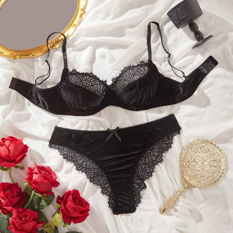 Sexy women's lingerie set with bra and matching underwear, featuring delicate lace and satin details, from Corporación Turística.