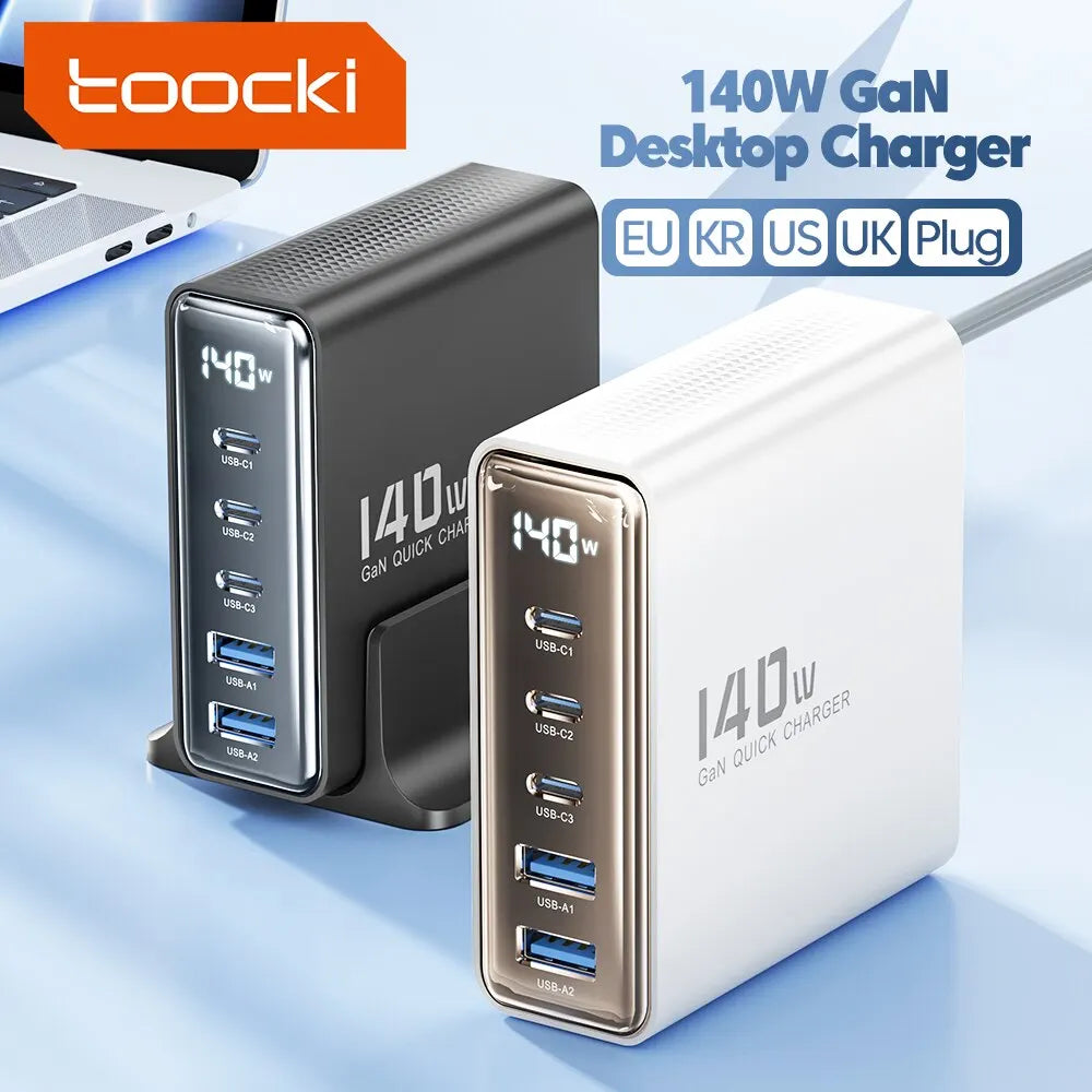 Cargador GaN Toocki 140W 5 Puertos Carga Rápida Escritorio LED