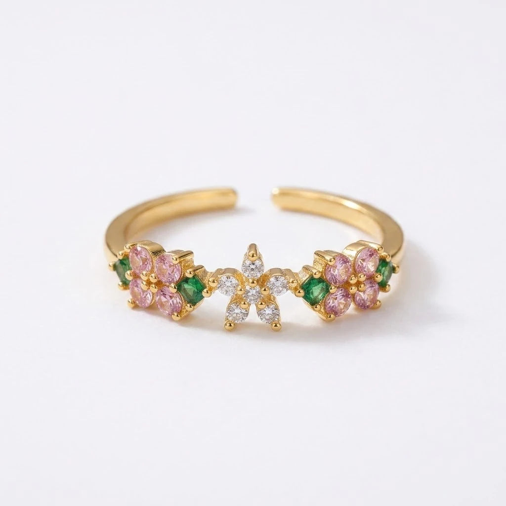 Anillo Flor Circon Colorido Ajustable Mujer Moda Vintage Regalo Joyería