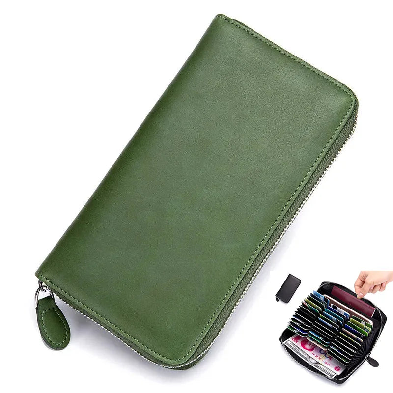 Long women's leather wallet from Corporación Turística with coin pocket and card slots, shown with multiple cards inside.