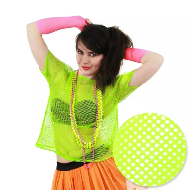 Transparent mesh disco-style women's camiseta by Corporación Turística, showing the see-through fabric and stylish fit.