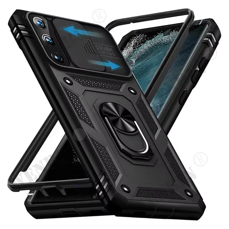 Durable Samsung phone case with 360-degree support for Galaxy S23, S24, S25, A57, A56, A37 series, black color with stand feature.