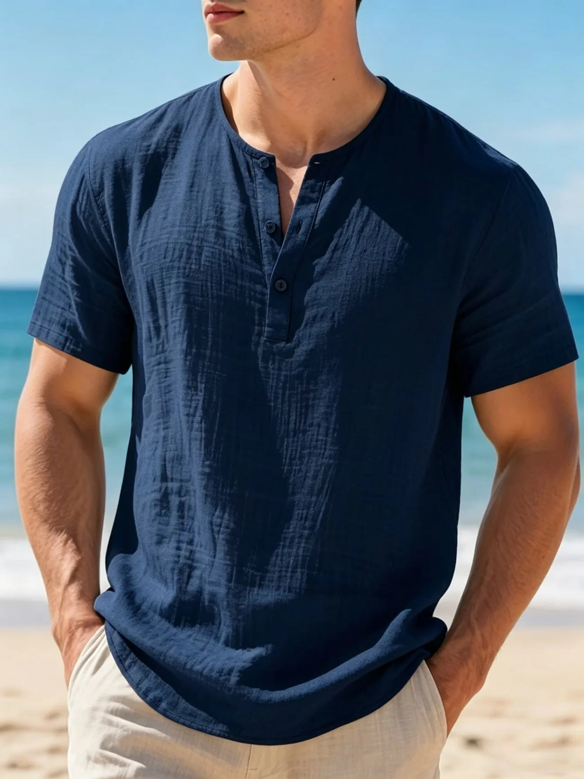Camiseta Henley Algodón Lino Hombre Verano Ligera Transpirable Casual - Corporación Turística