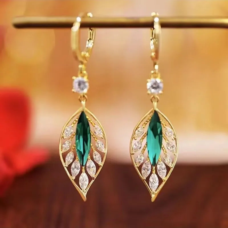 Pendientes colgantes de hoja de circón verde para mujer, ...