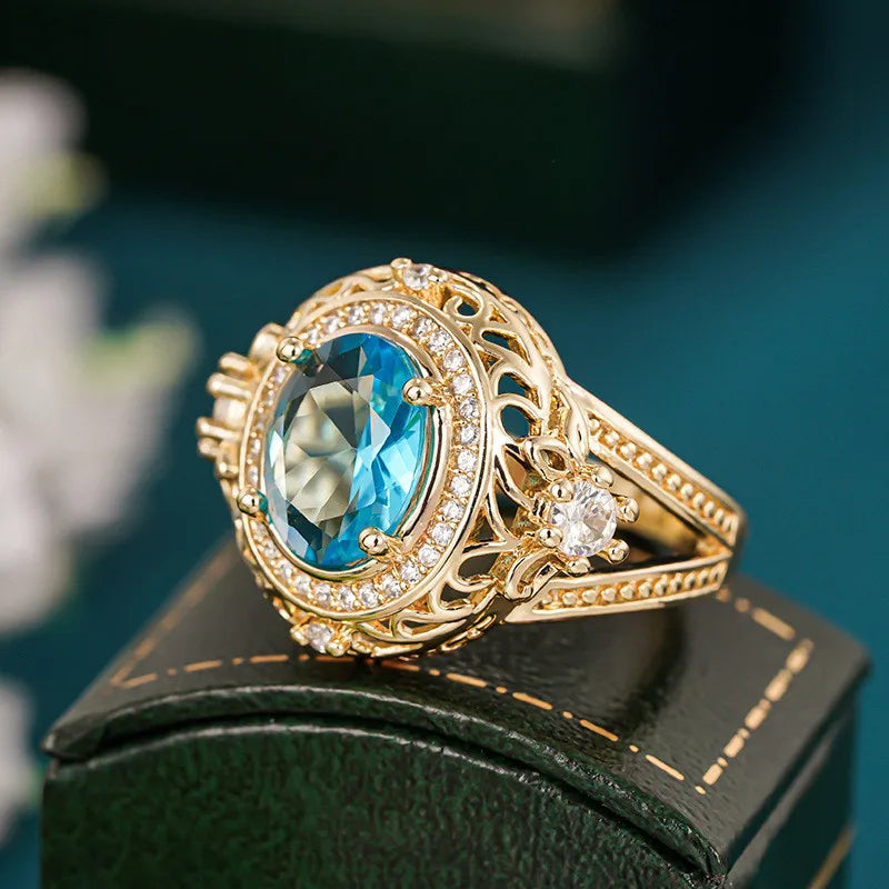 Anillo de Plata de Ley 925 con Circonita Azul, Diseño Vin...