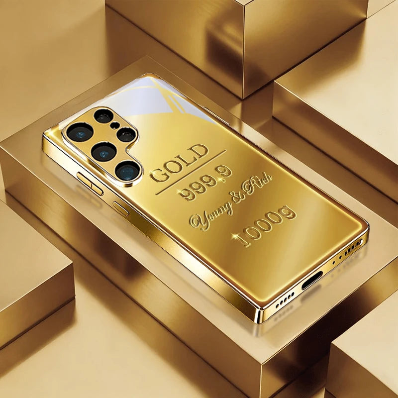 Luxurious gold phone case with bar design, compatible with smartphones, featuring elegant and stylish protection from Corporación Turística.