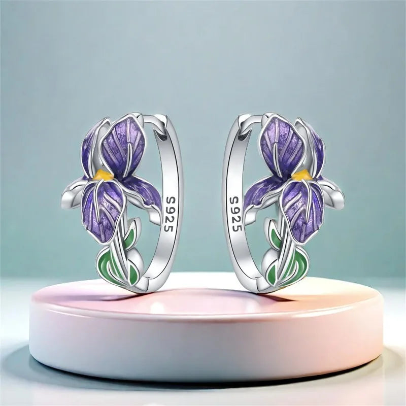 Pendientes de Plata de Ley 925 con Diseño de Flor e Iris ...