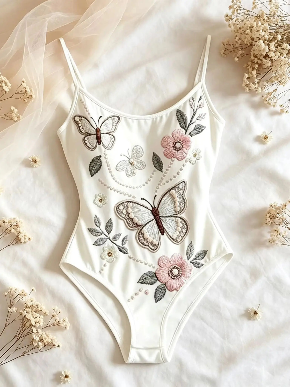 Elegant floral butterfly embroidered women's body by Corporación Turística, showcasing intricate embroidery and stylish design.