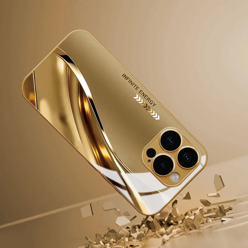 Tempered glass protective case with curved metal edges, designed for durable smartphone protection by Corporación Turística.