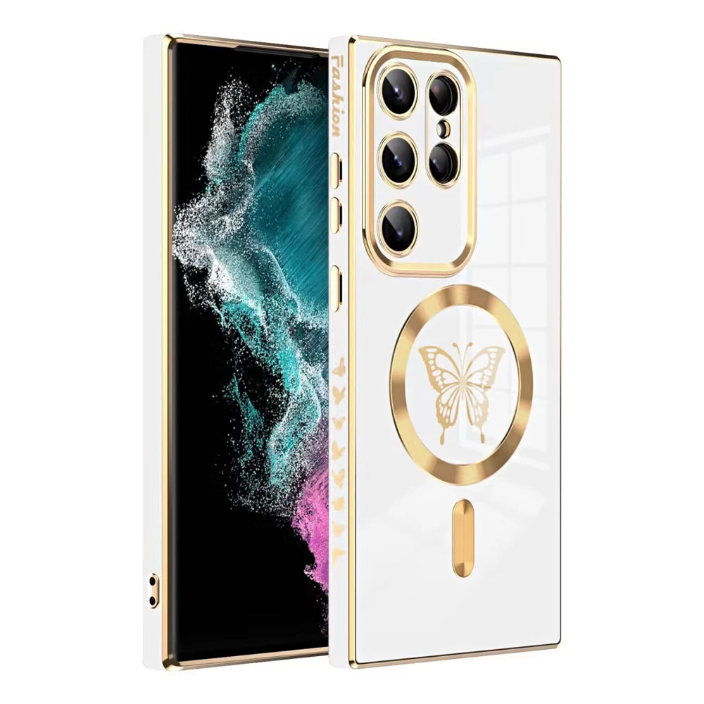 Magnetic electroplated butterfly phone case for Samsung S series, featuring a colorful butterfly design and precise cutouts.