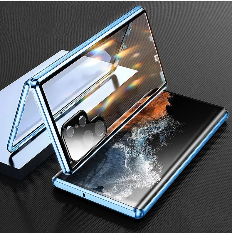 Magnetic metal phone case for Samsung S26, S25, S23, S24 by Corporación Turística, shown on a smartphone.