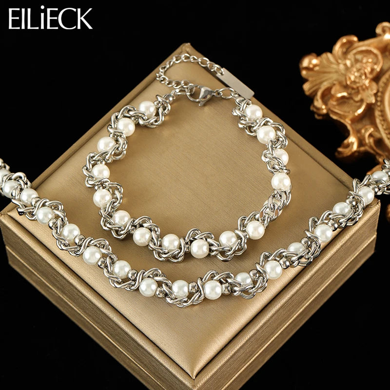 EILIECK-Conjunto de pulsera y collar con cadena de perlas...