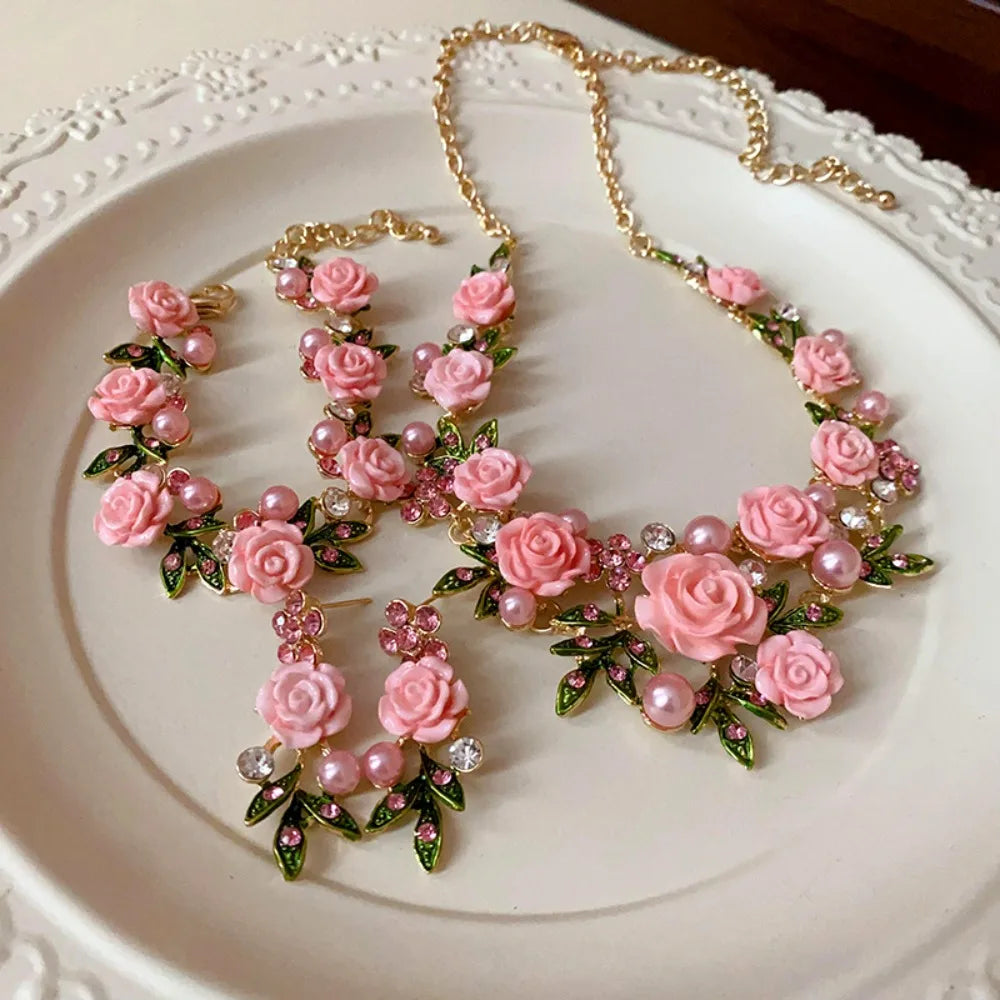 Lujoso collar de flores rosas con diamantes de imitación,...