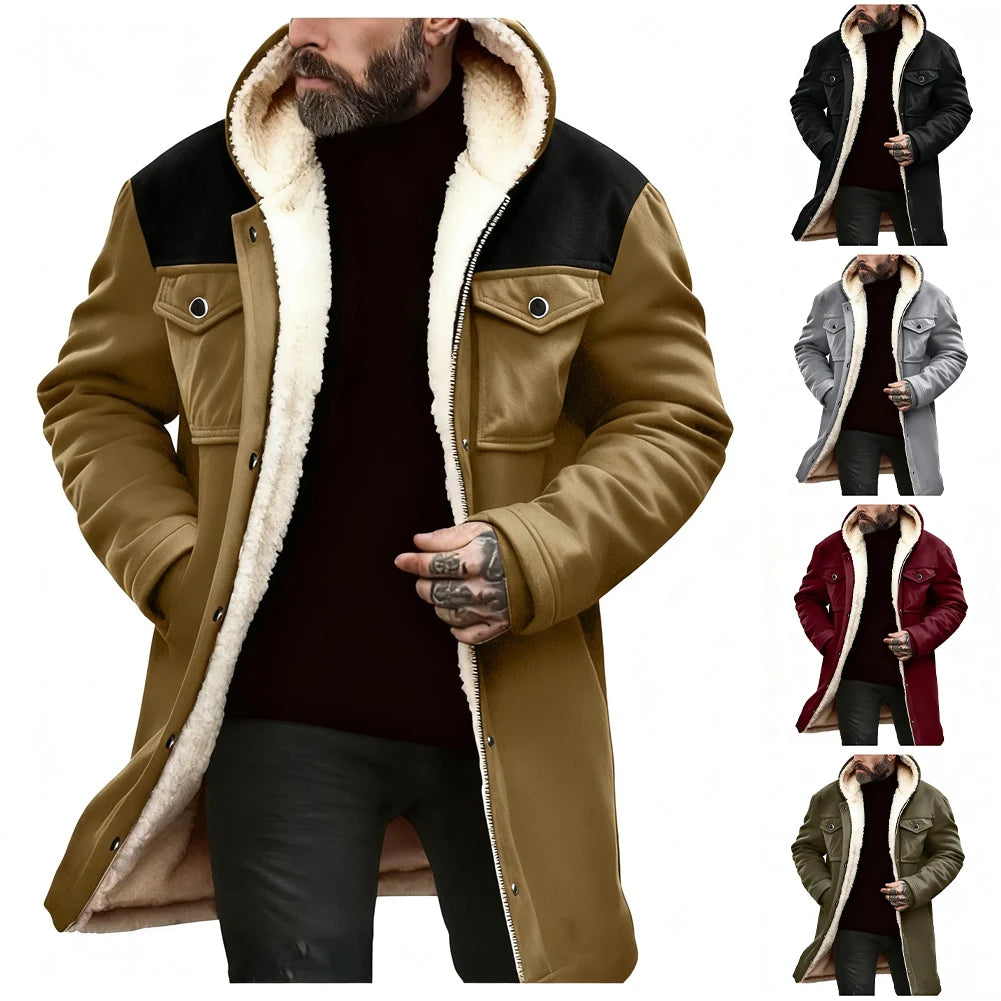 Chaqueta Suede Fleece Hombre con Capucha Media Larga Cremallera