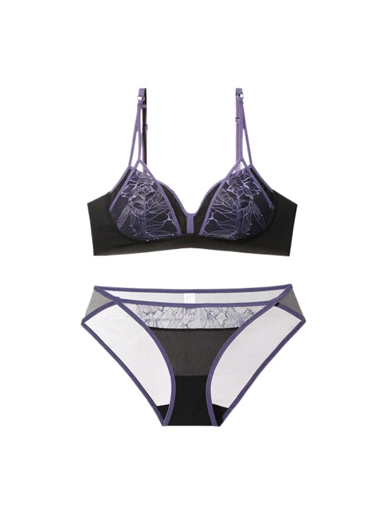 Feminine lingerie set with triangular bra from Corporación Turística, featuring delicate lace and adjustable straps.