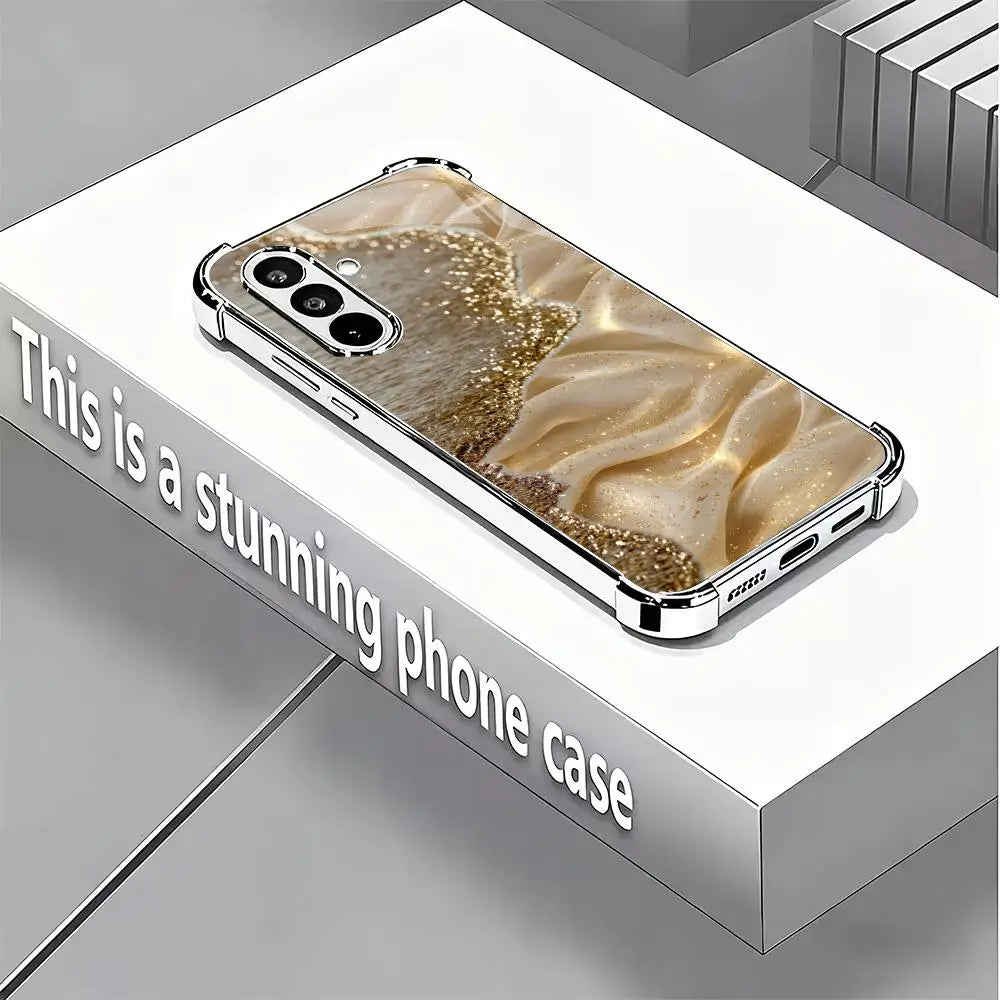 Galvanized glass phone case from the Gold series by Corporación Turística, showcasing a sleek, shiny protective design.