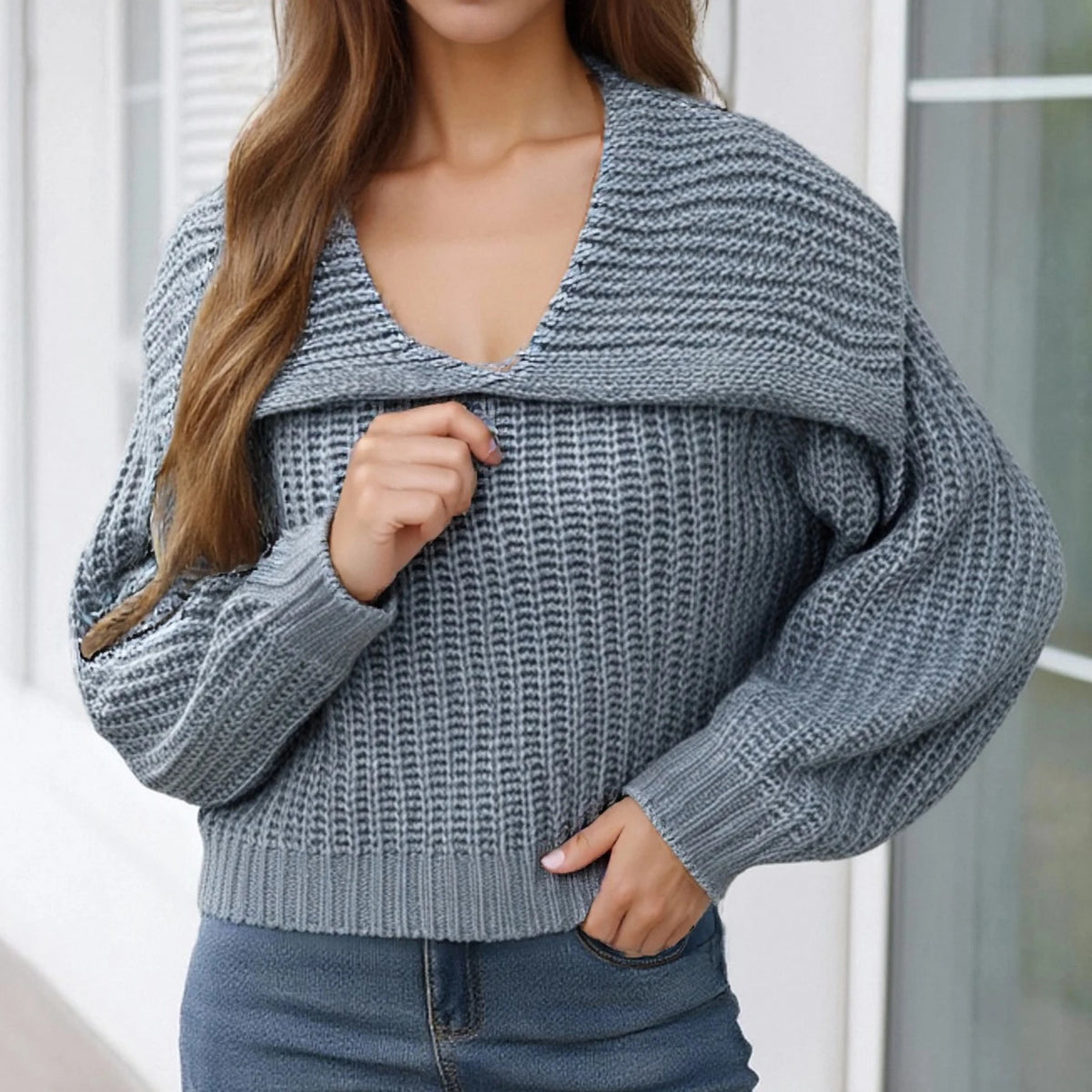 Suéter de punto con solapa para mujer, ropa de punto lisa...