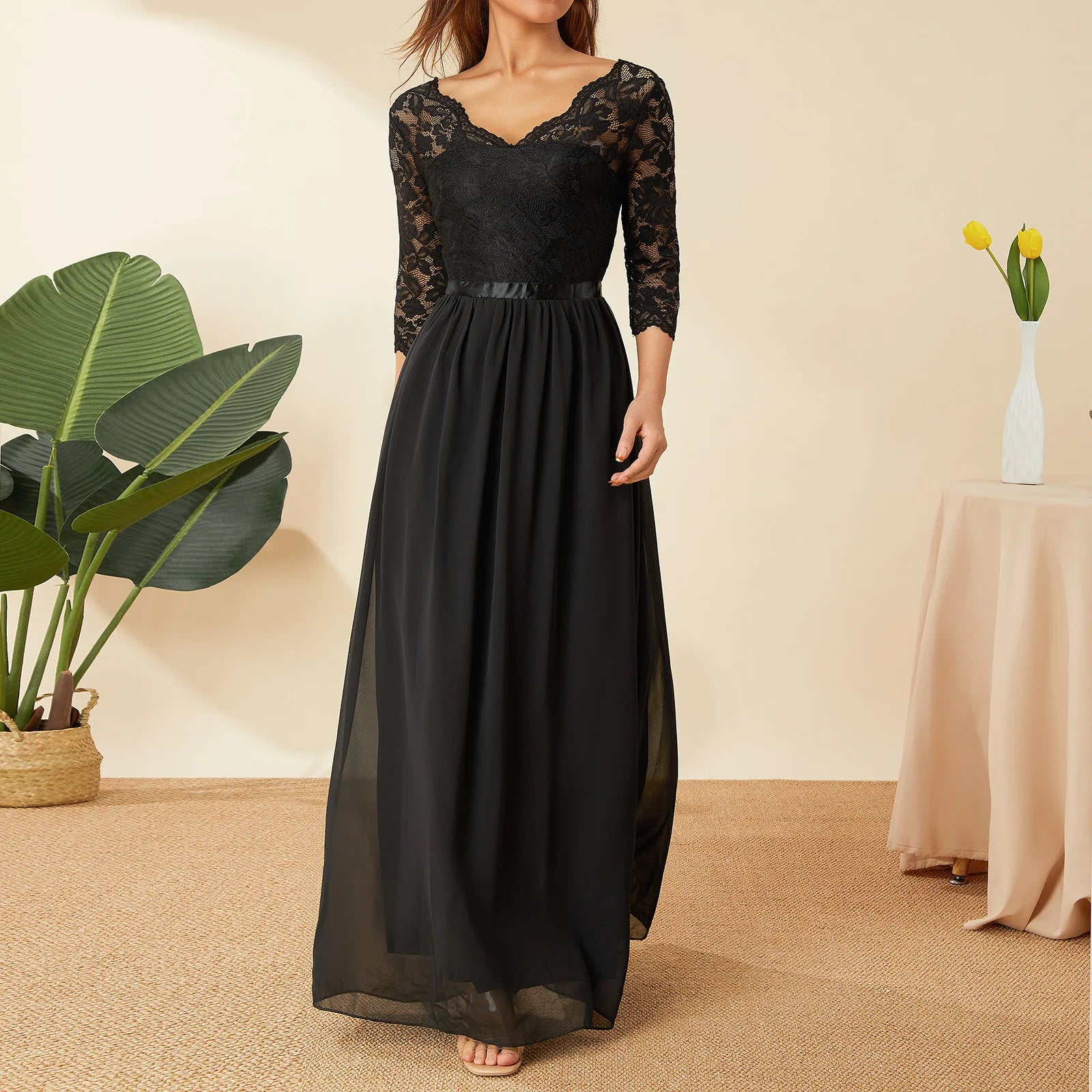 Vestidos largos elegantes de gasa de encaje, vestido de n...