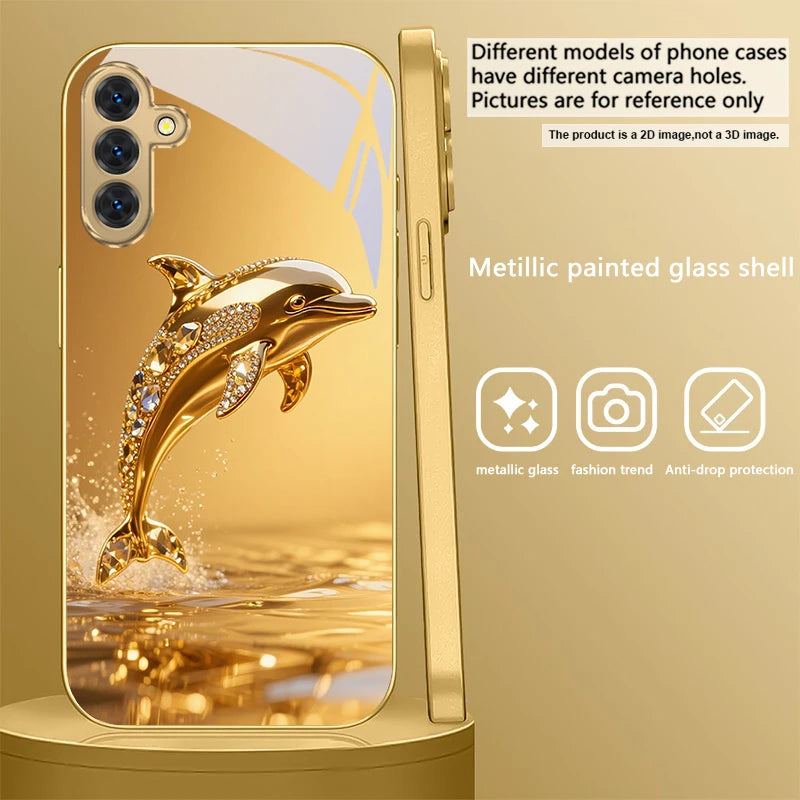 Golden dolphin phone case for Samsung Galaxy S20 FE, S21 Plus, S22, and S23 by Corporación Turística, featuring a detailed dolphin design.