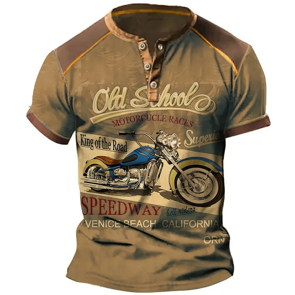 Camiseta Henley Moto 3D Hombre - Manga Corta Verano Casual