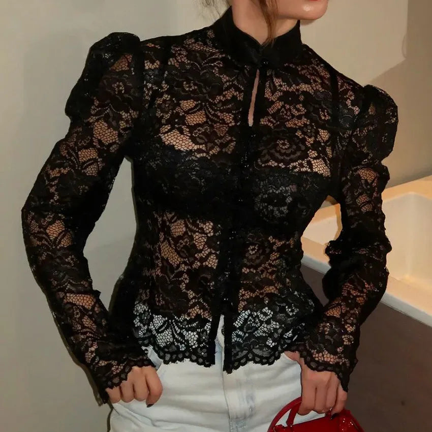 Blusa de Encaje para Mujer, Elegante, con Cuello de Hilo,...