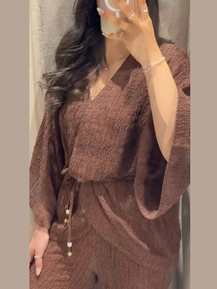 Conjunto Casual Mujer V-Neck Manga Ancha Lazo Pantalón Holgado