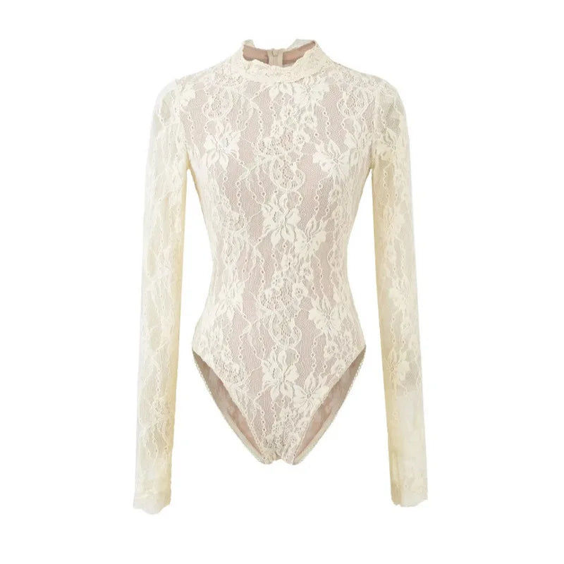 Women's Nuevo body by Corporación Turística featuring a high neckline and long sleeves, shown in a close-up image.