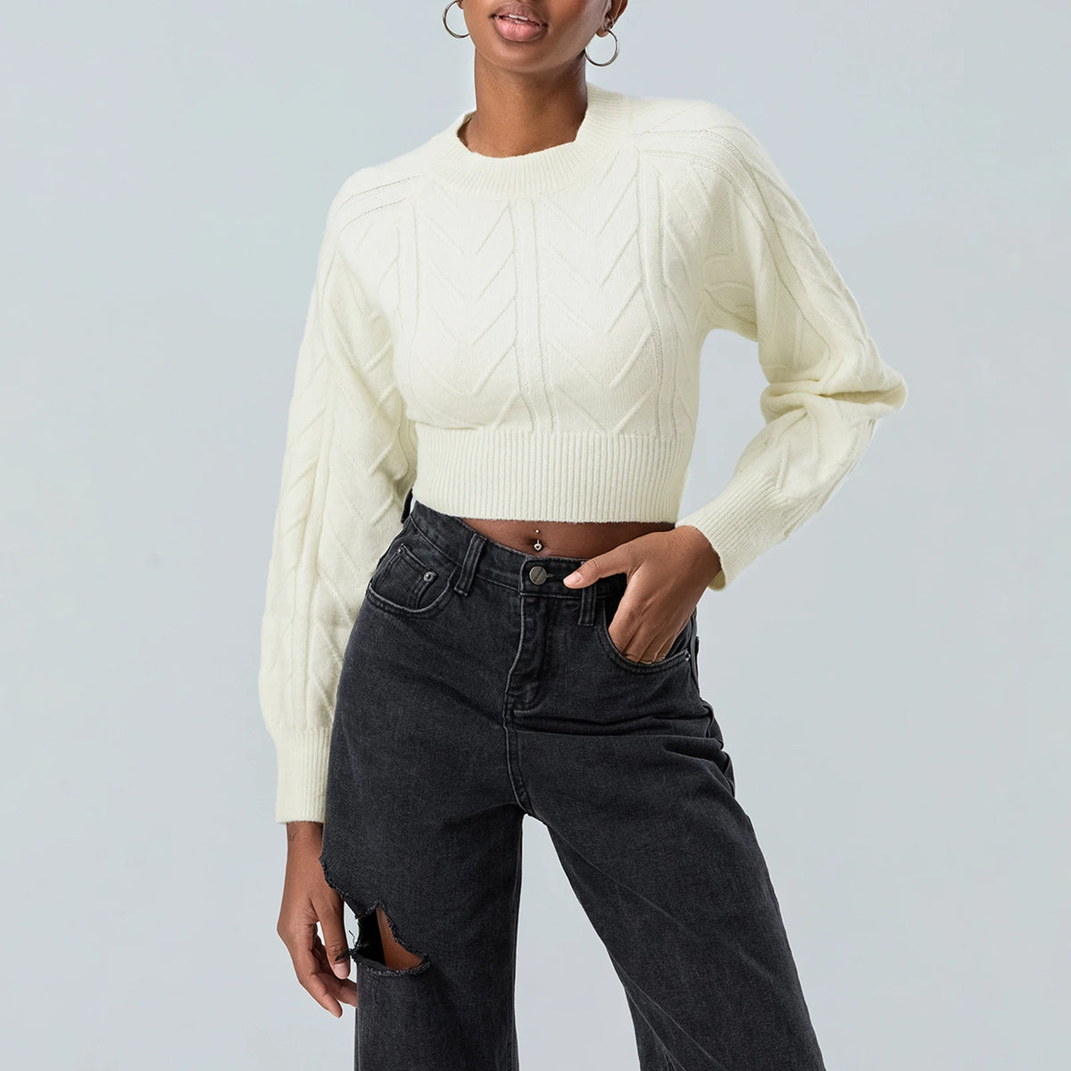 Suéter de punto con Cable para mujer, Tops cortos de mang...