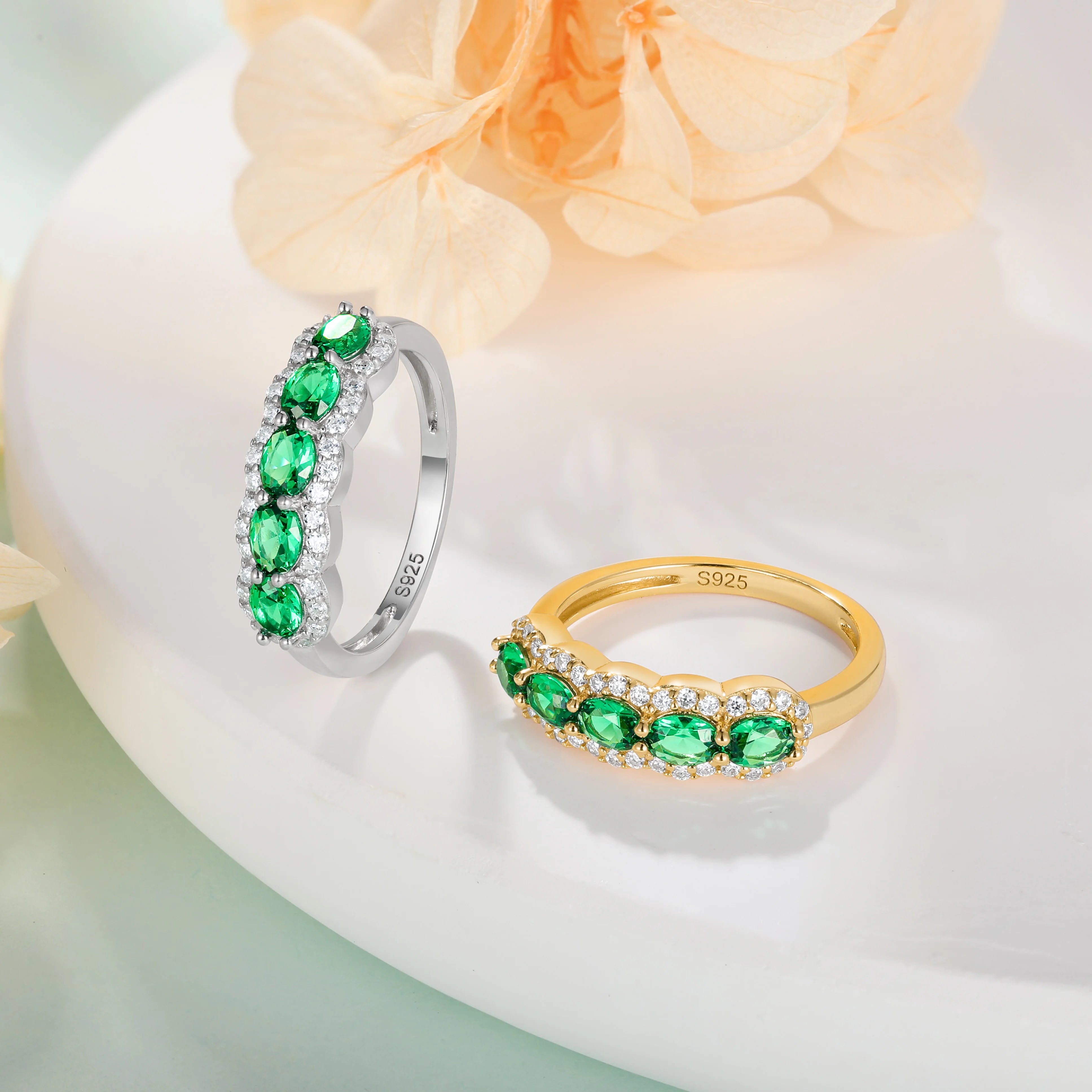Anillo Ovalado XCY con Esmeralda Simulada para Mujer, Pla...